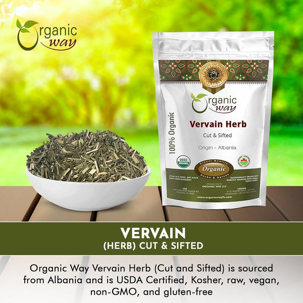 Organic Way Vervain Herb (Verbena officinalis) Cut and sifted | Herbal Tea | Non-GMO & Gluten Free | Resealable Bag | Raw from Albania