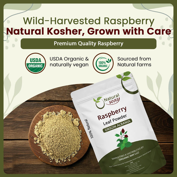 Natural Raspberry Leaf Powder (Rubus idaeus) - Herbal Tea | European Wild-Harvest | Kosher & USDA Certified | Vegan, Non-GMO & Gluten Free | 100% Raw from Albania