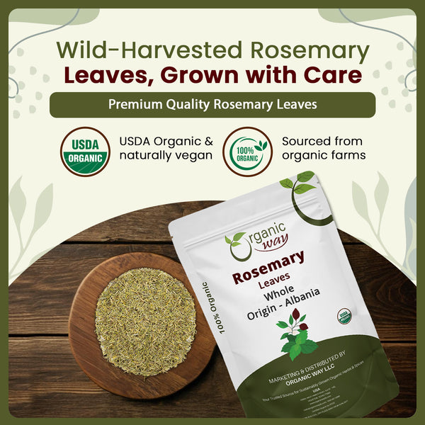 Dried Rosemary Leaves Whole Herb - Herbal Tea & Culinary Use | European Wild-Harvest | Kosher & USDA Certified | Vegan, Non-GMO & Gluten Free | 100% Raw from Albania