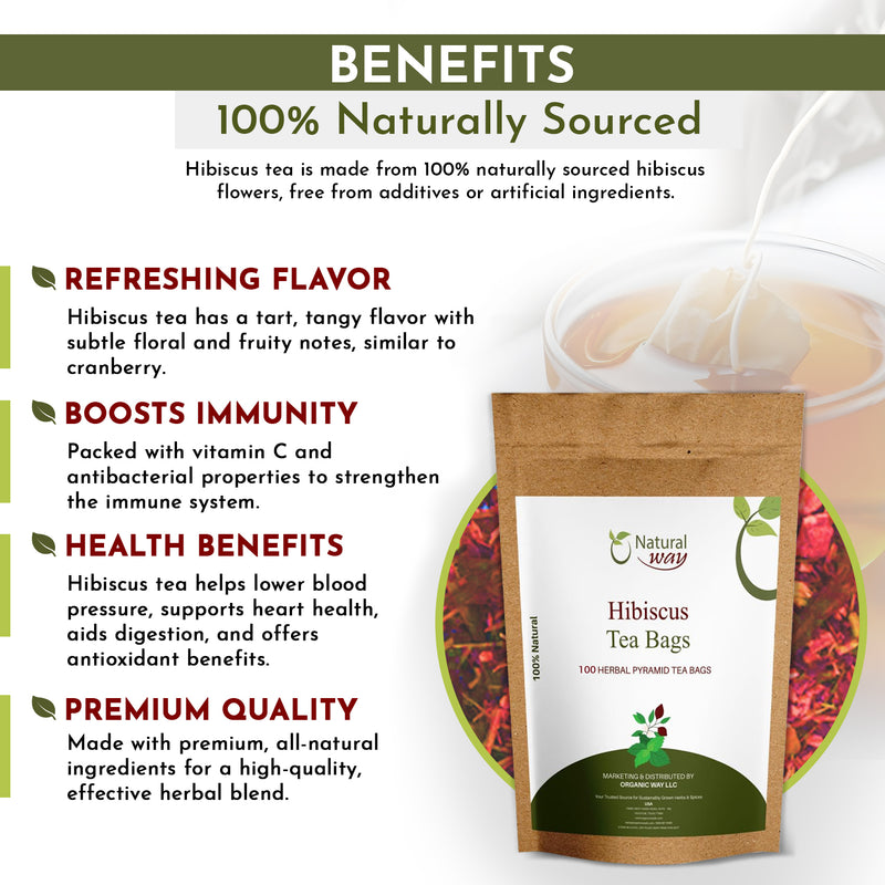 Hibiscus Tea Bags |  Herbal Blend for Natural Cleansing & Balanced Lifestyle | Herbal Slimming Pyramid Tea Bags | Caffeine Free 100% Natural Ingredients | ECO Conscious Tea Bags | 9 Oz (Pack of 100)