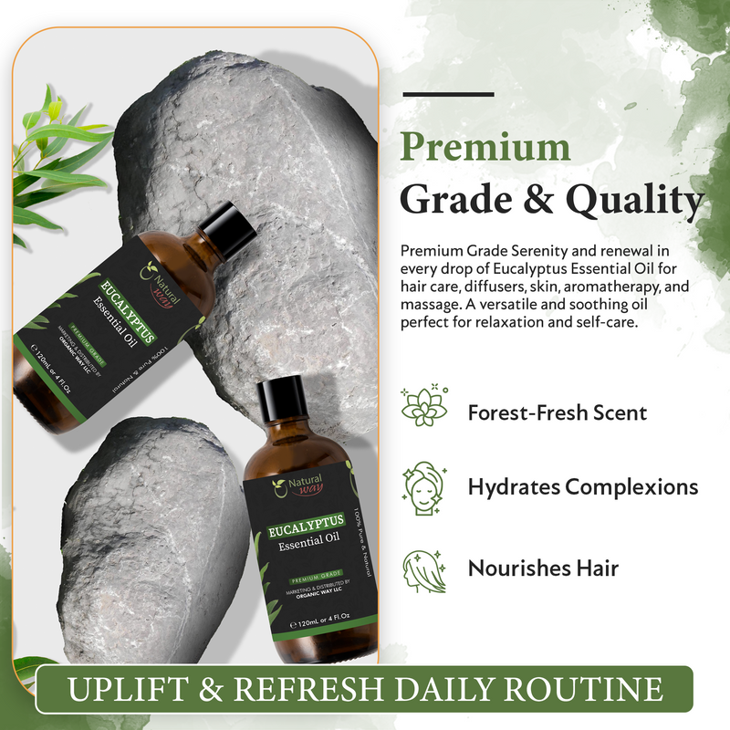 Natural Way Eucalyptus Essential Oil | Premium Grade Essential Oils for Hair Care, Oil for Skin, Aromatherapy, & Diffuser | Essential Oil for Skin Tag Remover, Massage Oil & Humidifier Use | 4 Fl Oz (120 mL)