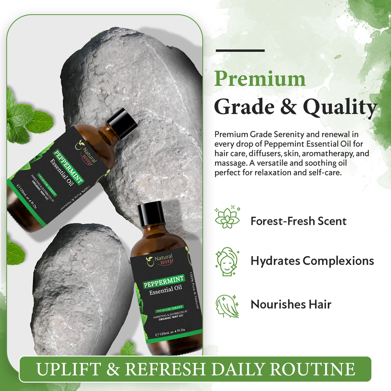 Natural Way Peppermint Essential Oil | Premium Grade Essential Oils for Hair Care, Oil for Skin, Aromatherapy, & Diffuser | Essential Oil for Skin Tag Remover, Massage Oil & Humidifier Use | 4 Fl Oz (120 mL)