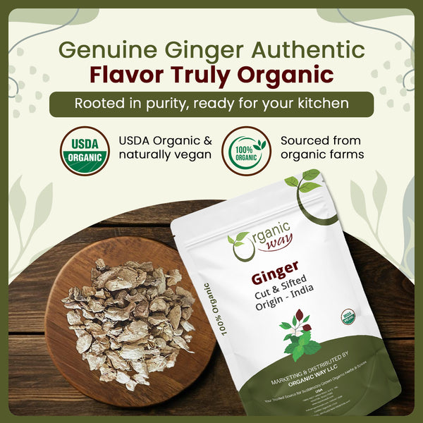 Ginger Root Cut & Sifted (Zingiber officinale) - Herbal Tea | Kosher & USDA Certified | Vegan, Non-GMO & Gluten Free | Tested for Heavy Metal and Purity | 100% Raw from India